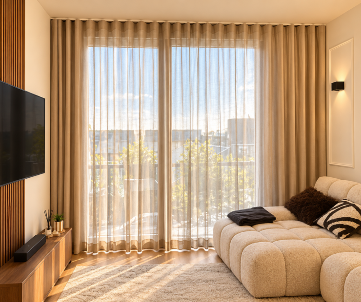 Inbetweens in een lichte woonkamer met lichte bank en hout accenten