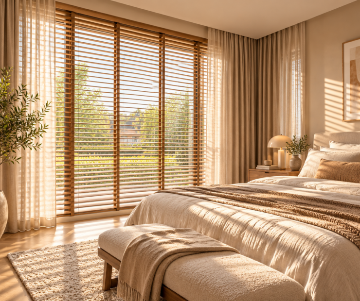 Houten jaloezie in een slaapkamer