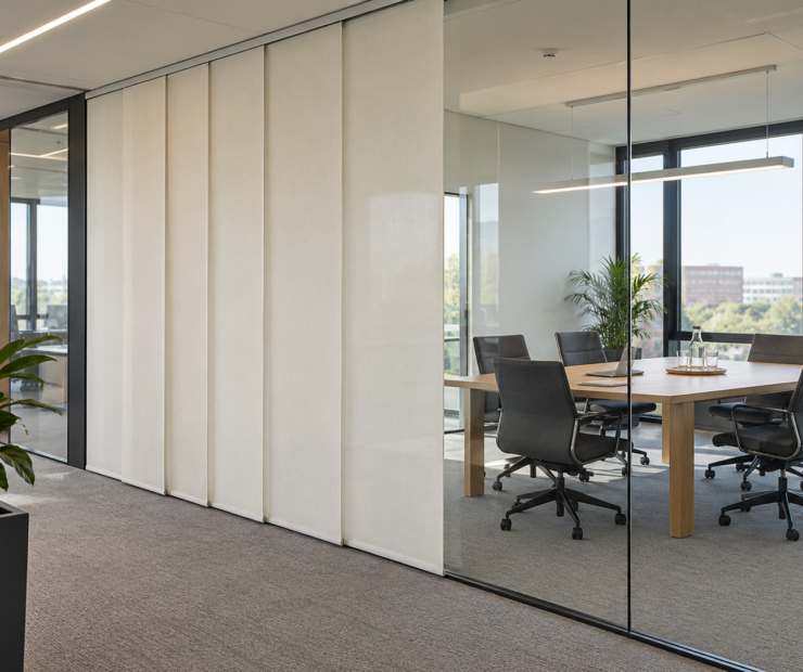 Paneelgordijnen als roomdivider tussen een werkplek en een zithoek