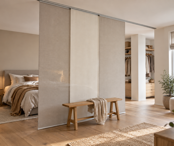 Paneelgordijnen met contrasterende banen in een moderne slaapkamer