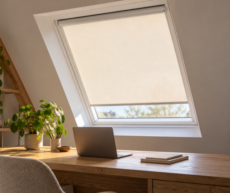  Lichtdoorlatend VELUX rolgordijn boven een thuiswerkplek op zolder