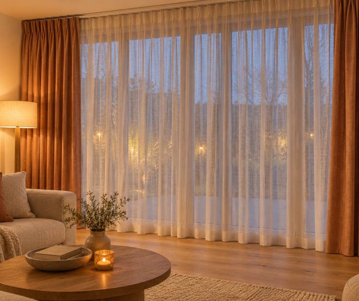Woonkamer met vitrage en overgordijnen