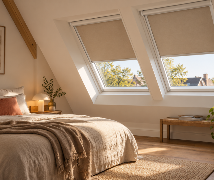 VELUX dakraamrolgordijnen in een zolderkamer