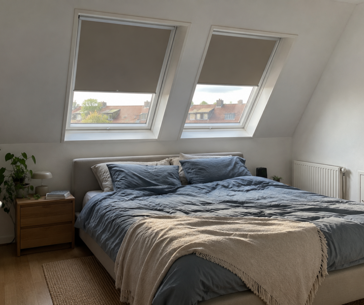 Zolderkamer met raamdecoratie op de dakramen